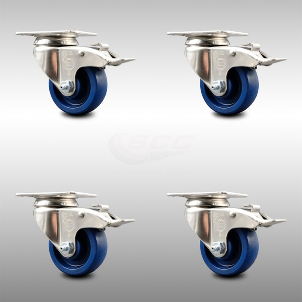 3 Inch 316SS Solid Polyurethane Swivel Top Plate Caster Set Total Lock Brake SCC